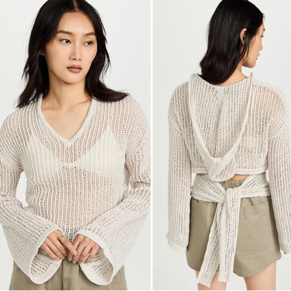 Cult Gaia Cream Open-Knit V-Neck Sweater